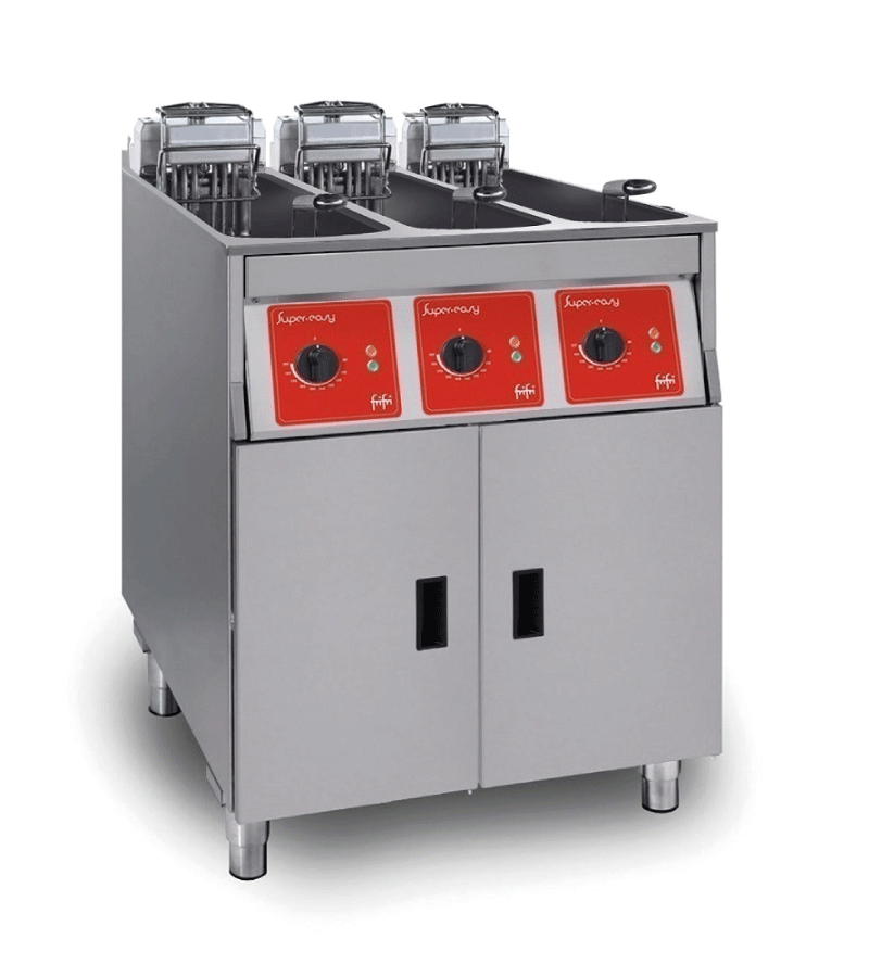 FriFri Super East 633 electric free-standing triple tank fryer with filtration.