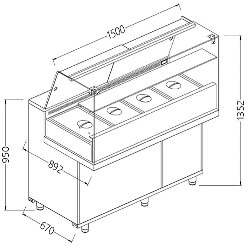 Diamond VA15XGR/R Saladette Snack Bain Marie Display Counter with Understorage, 1500mm