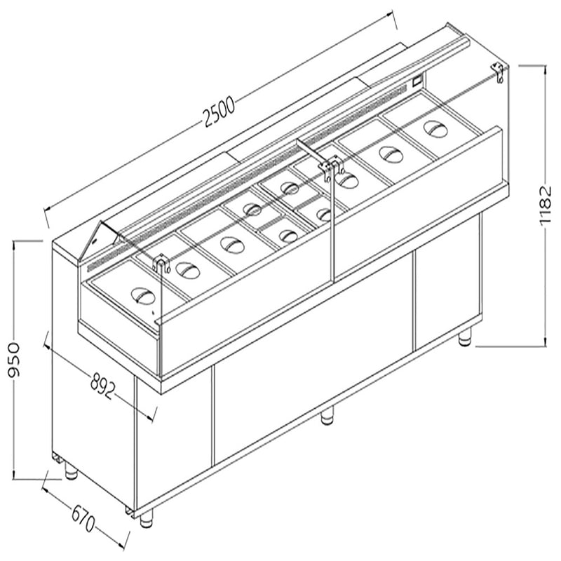 Diamond VB25XGR/R2 Saladette Snack Bain Marie Display Counter with Understorage, 2500mm