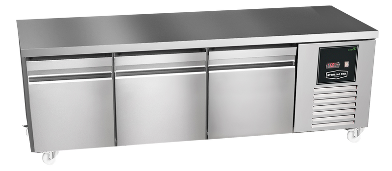 Sterling Pro Green SPI-B-180 3 Door Stainless Steel Low-Height Fridge Counter, 3 x 2/3 Drawers
