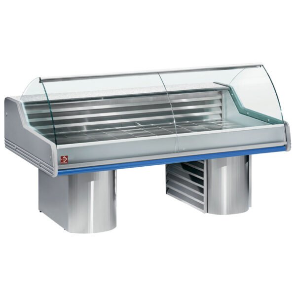 Diamond SG25B/B1-R2 Blue Trimmed Fresh Meat & Fish Refrigerated counter with Curved Glass, 2500mm