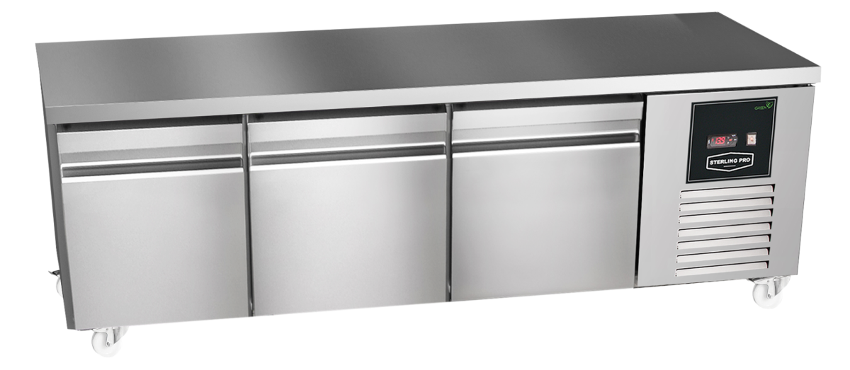 Sterling Pro Green SPI-B-180 3 Door Stainless Steel Low-Height Fridge Counter, 3 x 2/3 Drawers