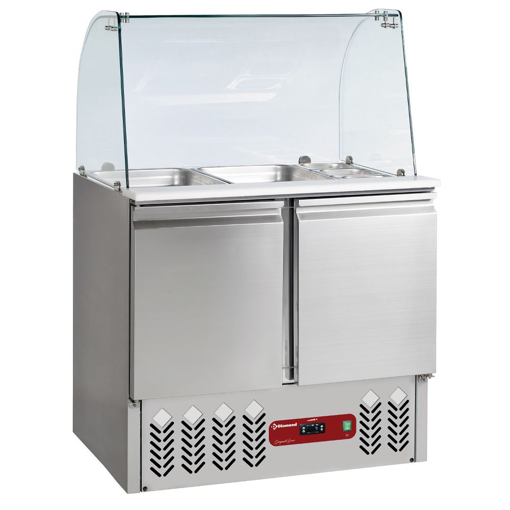 Diamond SAL2M/R6_KV2 2 Door Refrigerated Saladette Counter with Lid & Cuved Glass Kit, 240 Litres