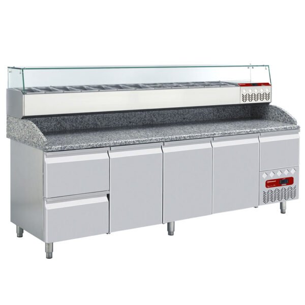 Diamond TP361/P9_SX249G/PP9 3 Door / 2 Drawer Refrigerated Counter with Splashback & Topping Unit, 12 x 1/4 GN