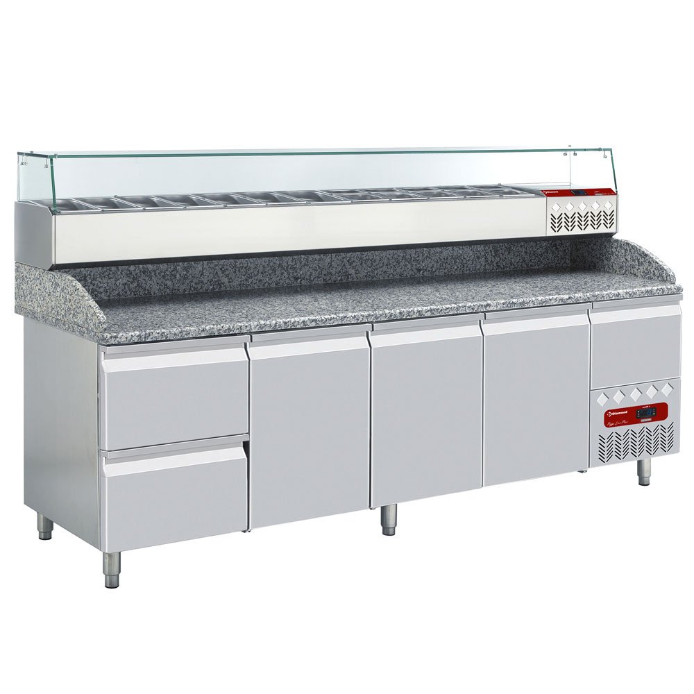 Diamond TP361/P9_SX249G/PP9 3 Door / 2 Drawer Refrigerated Counter with Splashback & Topping Unit, 12 x 1/4 GN