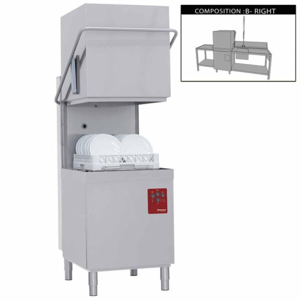 Diamond 015-25D/6/B-D 500mm Basket Passthrough Hood Dishwasher with 1 Entry/Exit Table & Right Side Pre-wash Table