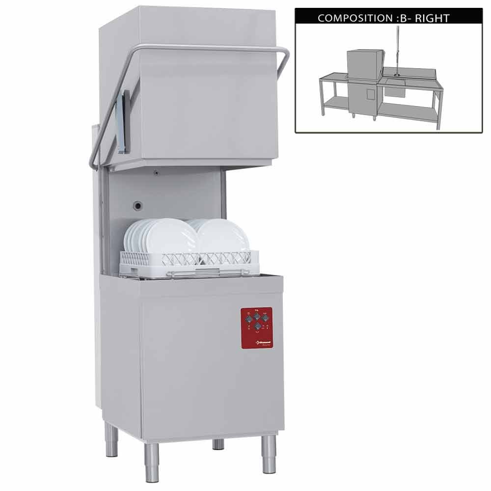 Diamond 015-25D/6/B-D 500mm Basket Passthrough Hood Dishwasher with 1 Entry/Exit Table & Right Side Pre-wash Table