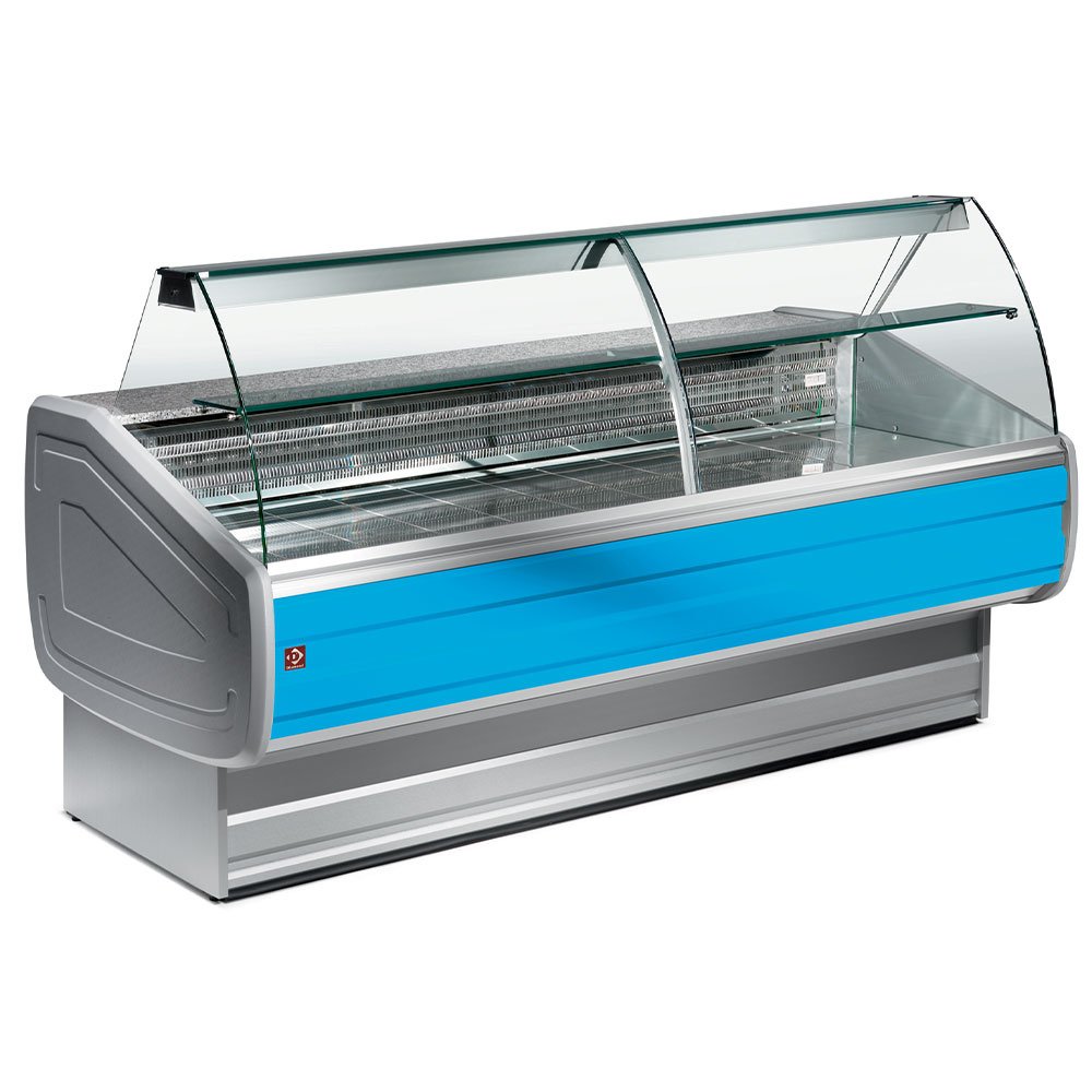 Diamond MY30/B1-VV/R2 Stainless Steel / Blue Trimming Refrigerated Curved Serveover Counter with Understorage, 3000mm