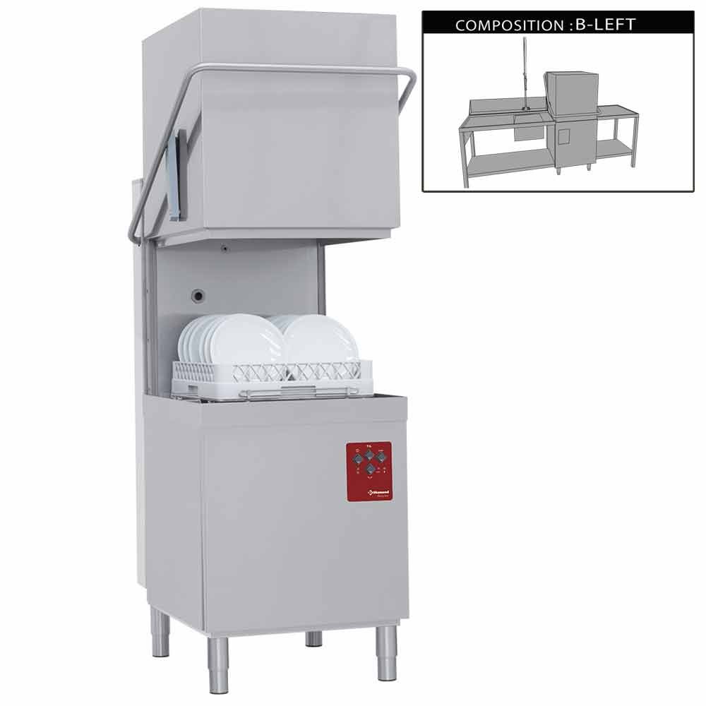 Diamond 015-25D/6/B-S 500mm Basket Passthrough Hood Dishwasher with 1 Entry/Exit Table & Left Side Pre-wash Table