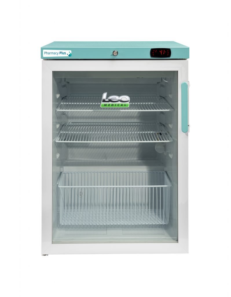 LEC Medical PPSR158BT-LHH-UK Left Hand Hinge Glass Single Door Pharmacy Plus Bluetooth Enabled Countertop Refrigerator, 158 Litres