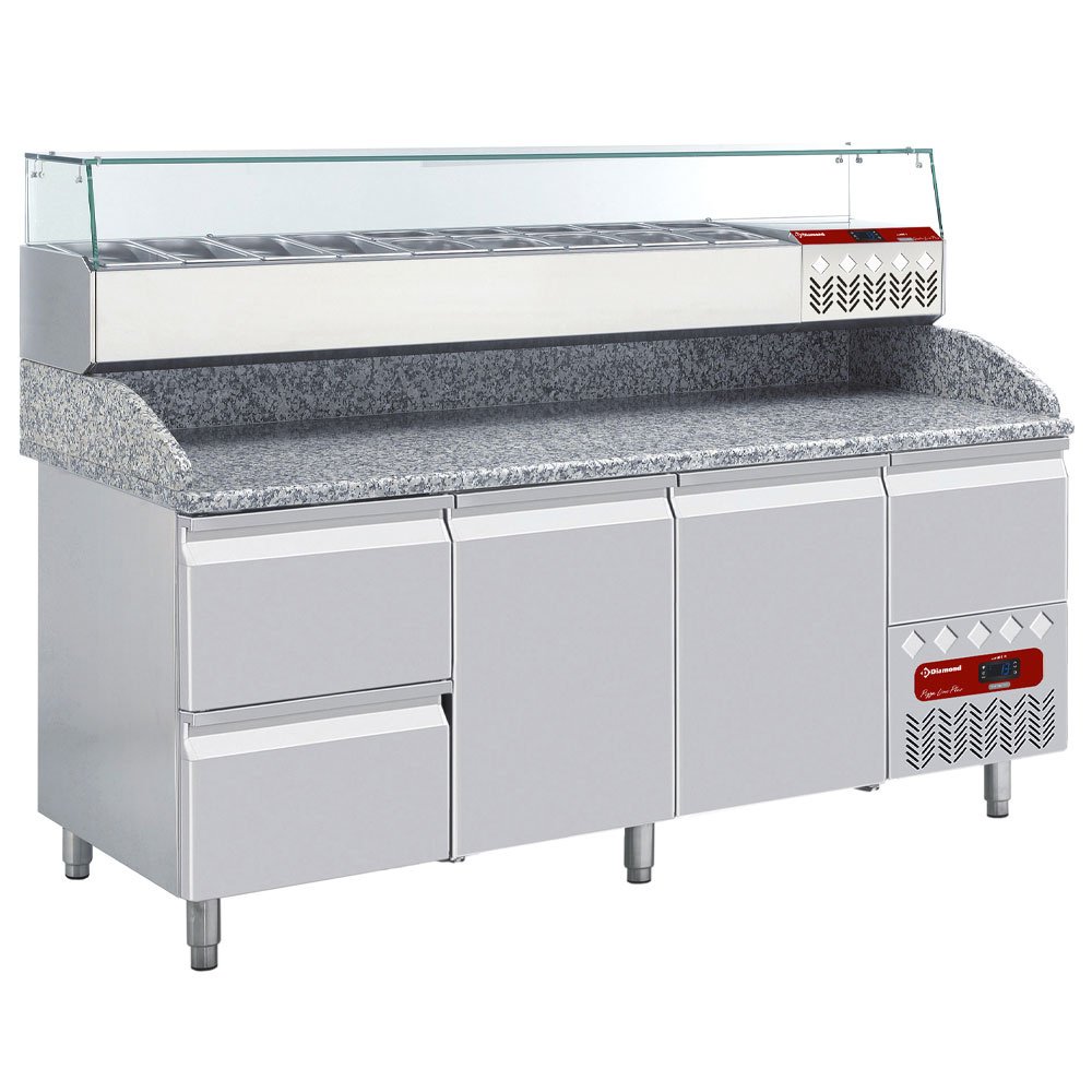 Diamond TP261/P9_SY198G/PP9 2 Door / 2 Drawer Refrigerated Counter with Splashback & Topping Unit, 8 x 1/3 GN