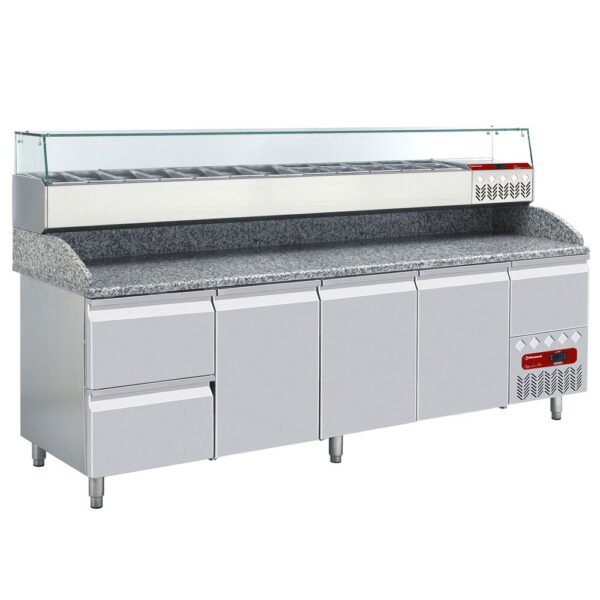 Diamond TP361/P9_SY249G/PP9 3 Door / 2 Drawer Refrigerated Counter with Splashback & Topping Unit, 11 x 1/3 GN