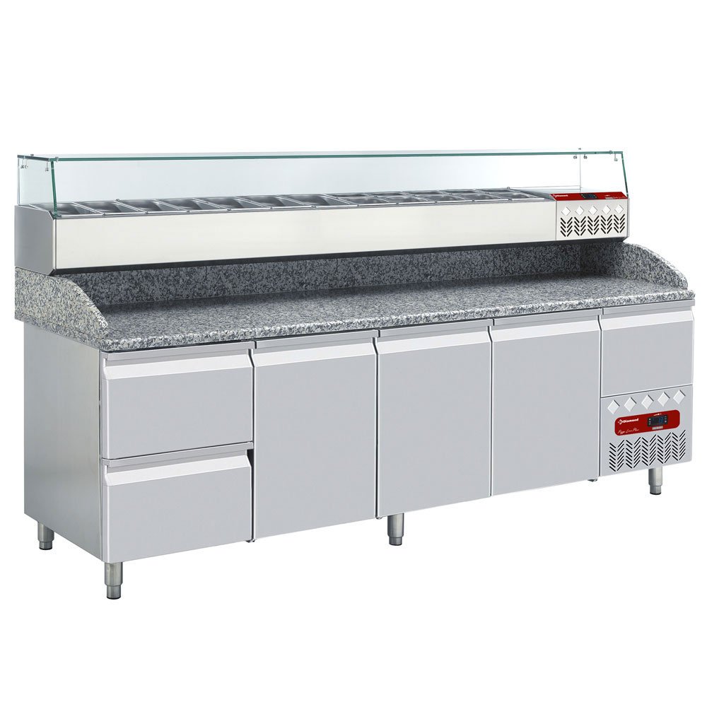 Diamond TP361/P9_SY249G/PP9 3 Door / 2 Drawer Refrigerated Counter with Splashback & Topping Unit, 11 x 1/3 GN