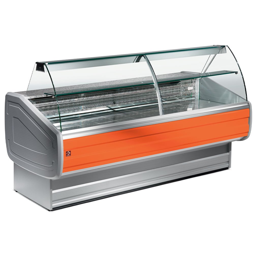 Diamond MY25/C1-VV/R2 Stainless Steel / Orange Trimming Refrigerated Curved Serveover Counter with Understorage, 2500mm