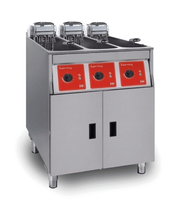 FriFri Super East 633 electric free-standing triple tank fryer with filtration.