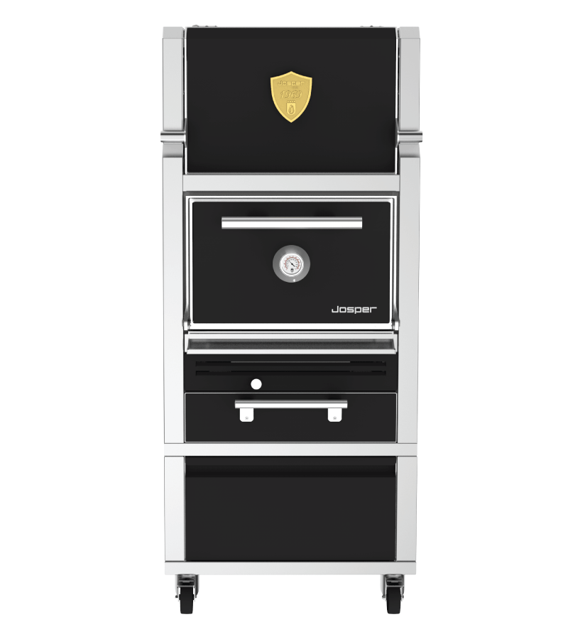 Josper HJA-PLUS-S80-HCTD small model charcoal oven with hot cabinet, table and drawer.