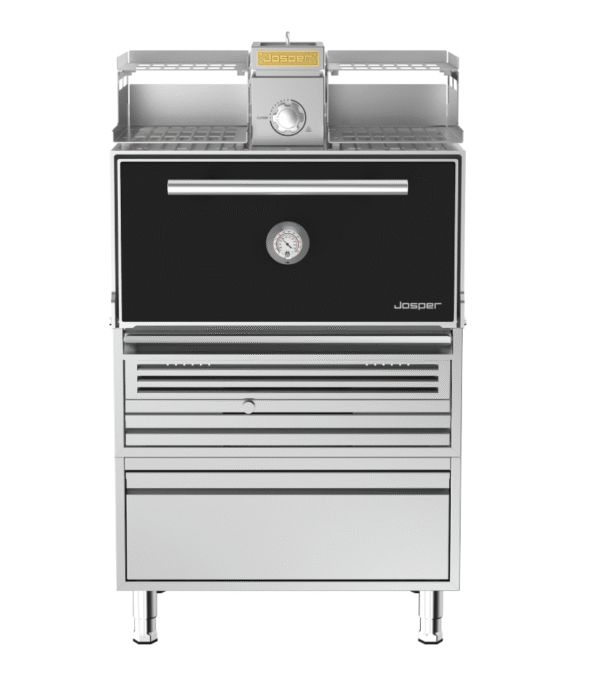 Josper HJX-PRO-M120-WTD medium model charcoal oven with warmer, table and drawer.