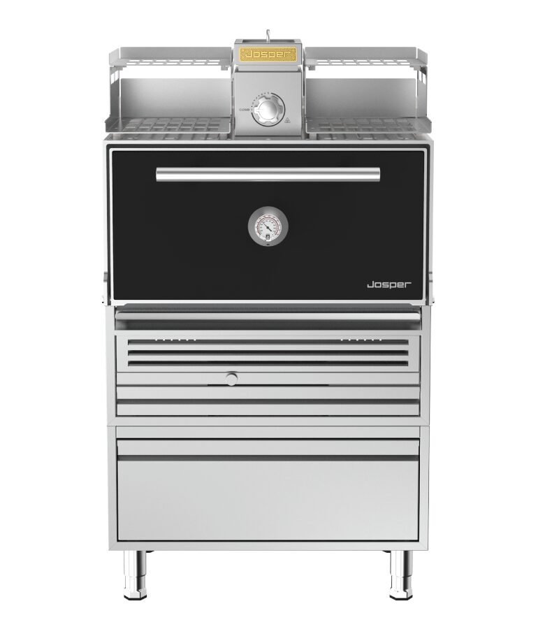 Josper HJX-PRO-M120-WTD medium model charcoal oven with warmer, table and drawer.