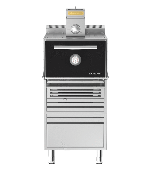 Josper HJX-PRO-S80-TD small model charcoal oven with table and drawer.