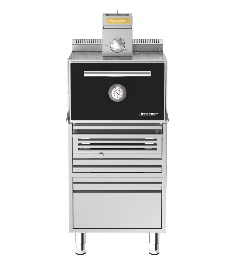 Josper HJX-PRO-S80-TD small model charcoal oven with table and drawer.