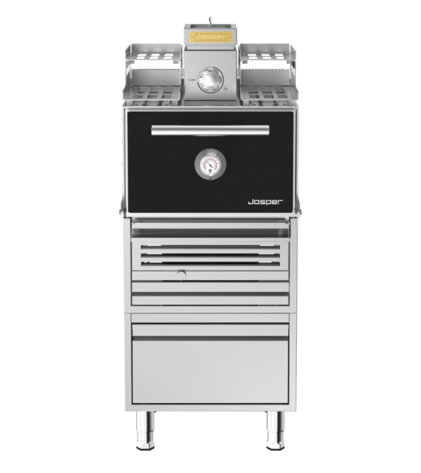 Josper HJX-PRO-S80-WTD small model charcoal oven with warmer, table and drawer.