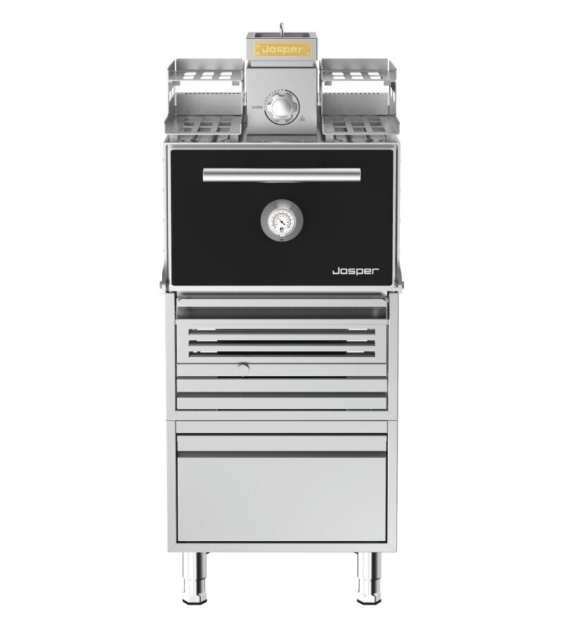 Josper HJX-PRO-S80-WTD small model charcoal oven with warmer, table and drawer.