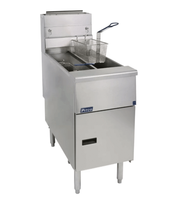 Pitco SE14TS-SSTC twin tank solstice electric fryer.