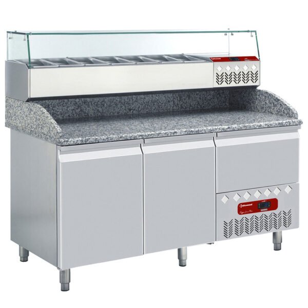Diamond TP23/P9_SX160G/PP9 2 Door Refrigerated Counter with Splashback & Topping Unit, 6 x 1/4 GN