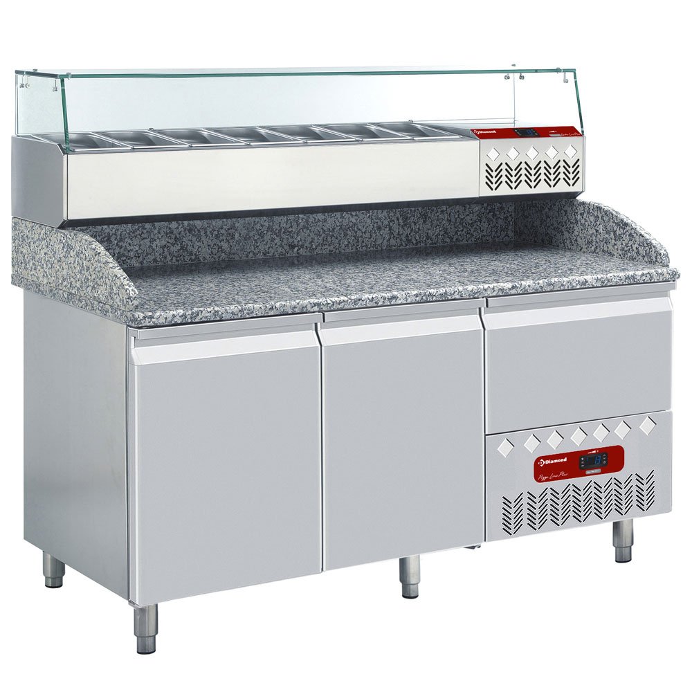 Diamond TP23/P9_SX160G/PP9 2 Door Refrigerated Counter with Splashback & Topping Unit, 6 x 1/4 GN