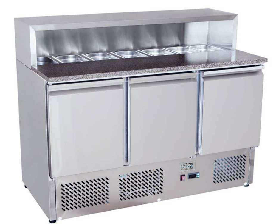 Ice-A-Cool ICE3858GR 3 Door Refrigerated Marble-Top Saladette Preparation Counter, 380 Litres