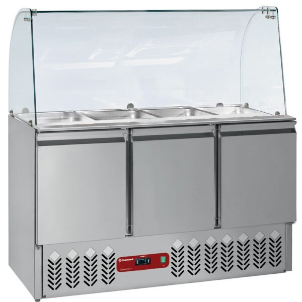 Diamond SAL3M/R6_KV3 3 Door Refrigerated Saladette Counter with Lid & Cuved Glass Kit, 380 Litres