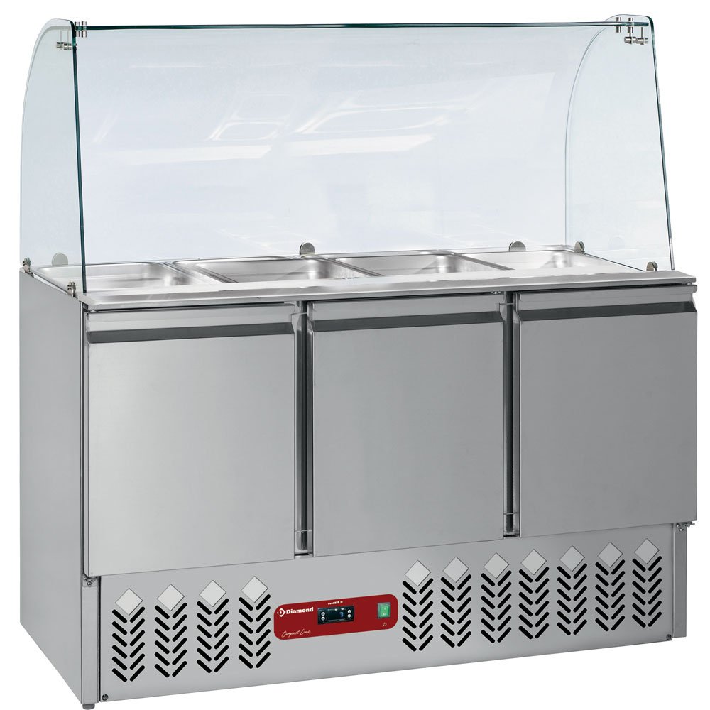 Diamond SAL3M/R6_KV3 3 Door Refrigerated Saladette Counter with Lid & Cuved Glass Kit, 380 Litres