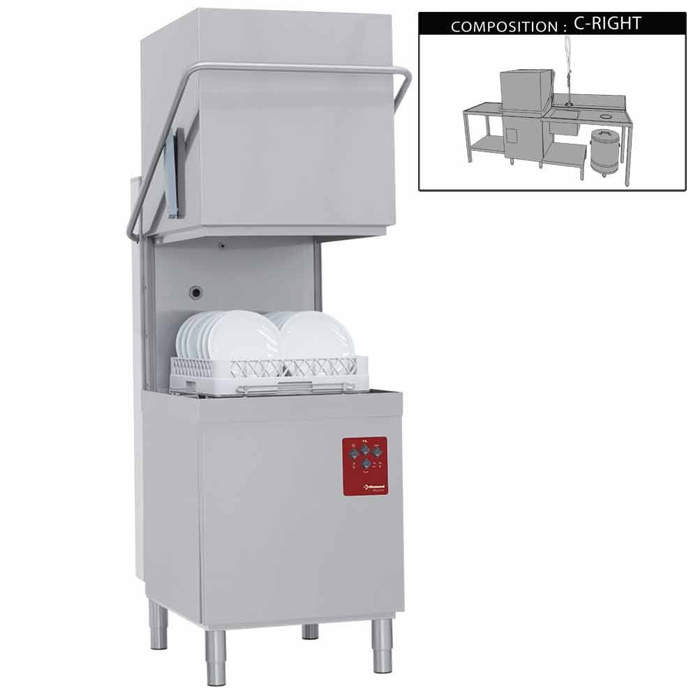 Diamond 015-25D/6/C-D 500mm Basket Passthrough Hood Dishwasher with 1 Entry/Exit Table, Right Side Pre-wash Table & Dustbin