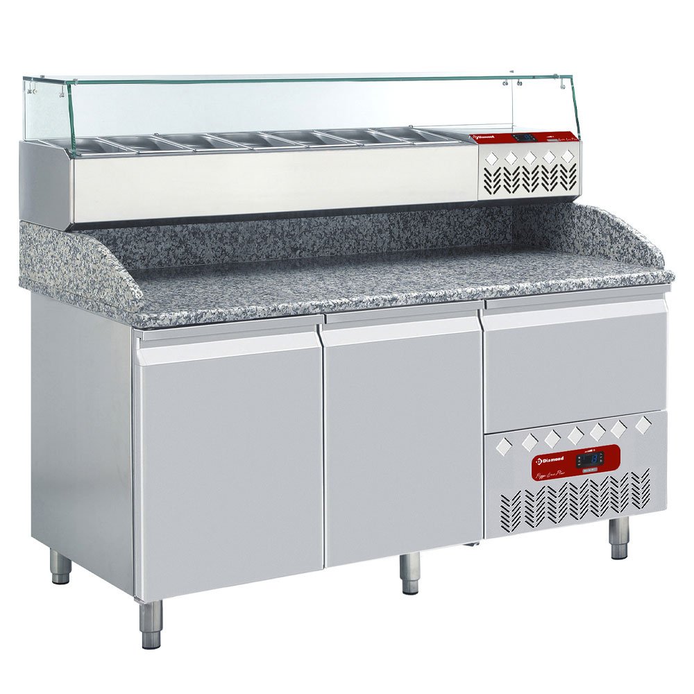 Diamond TP23/P9_SY160G/PP9 Set 2 Door Refrigerated Counter with Splashback & Topping Unit, 6 x 1/3 GN