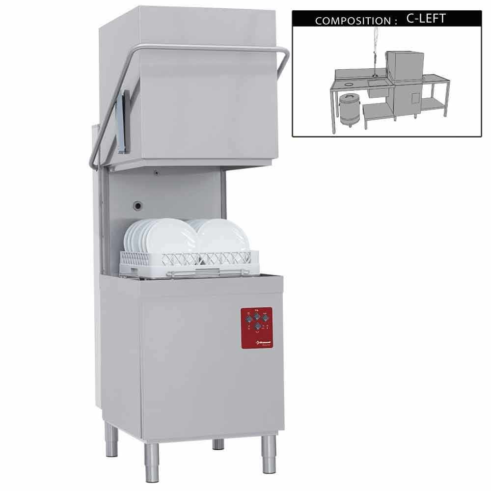 Diamond 015-25D/6/C-S 500mm Basket Passthrough Hood Dishwasher with 1 Entry/Exit Table, Left Side Pre-wash Table & Dustbin
