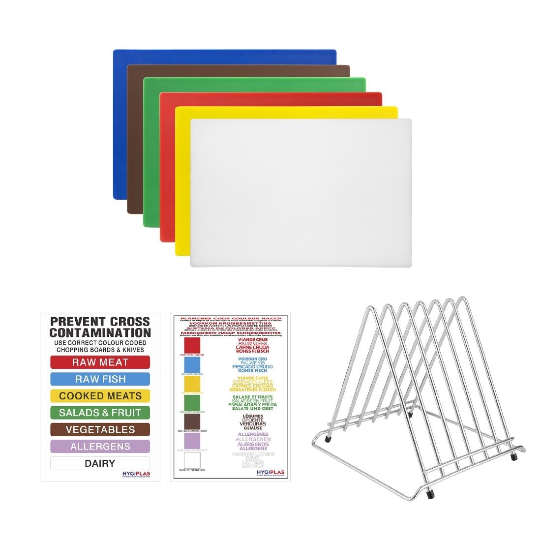 Hygiplas High Density 6-Piece Chopping Board Set with Rack 455x305x12mm